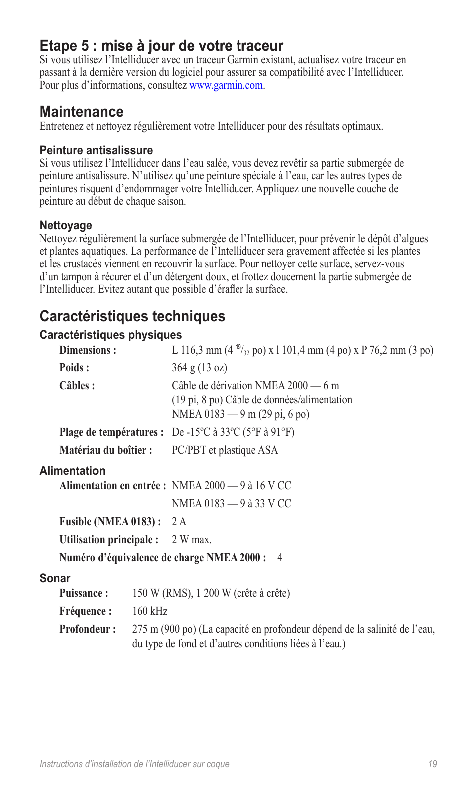 Maintenance, Caractéristiques techniques | Garmin 190-00888-10 User Manual | Page 19 / 76