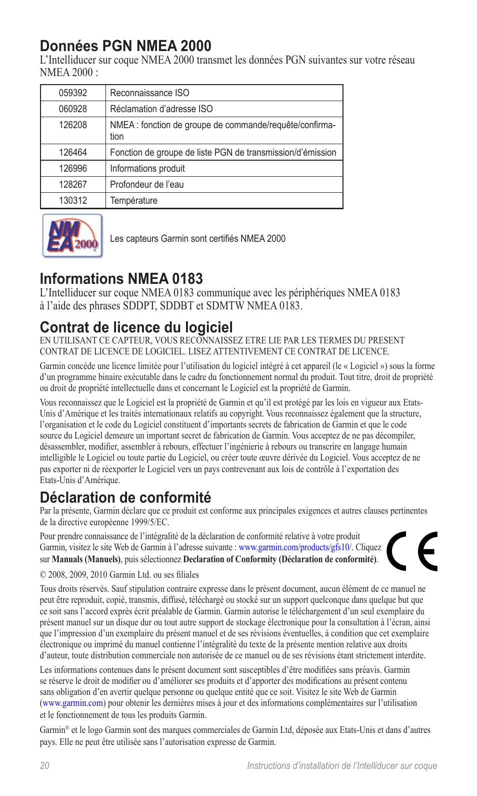 Données pgn nmea 2000, Informations nmea 0183, Contrat de licence du logiciel | Déclaration de conformité | Garmin 190-00888-10 User Manual | Page 20 / 76