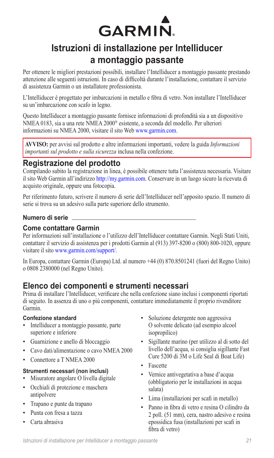 Istruzioni di installazione (it), Registrazione del prodotto, Elenco dei componenti e strumenti necessari | Garmin 190-00888-10 User Manual | Page 21 / 76