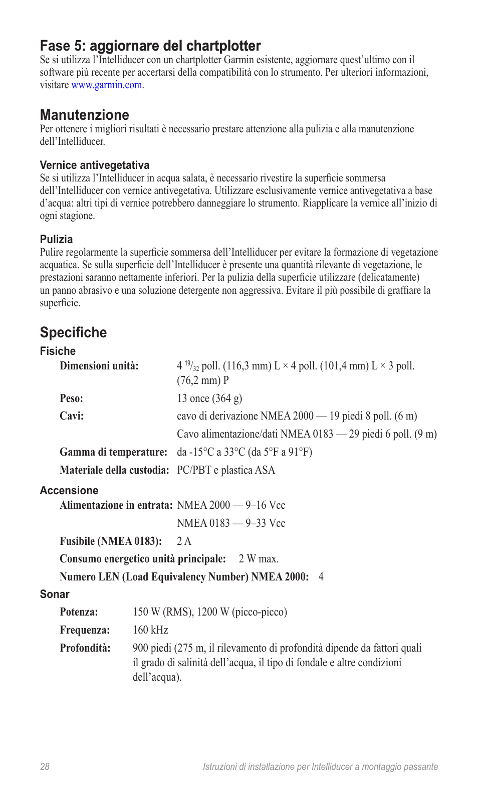 Manutenzione, Specifiche | Garmin 190-00888-10 User Manual | Page 28 / 76