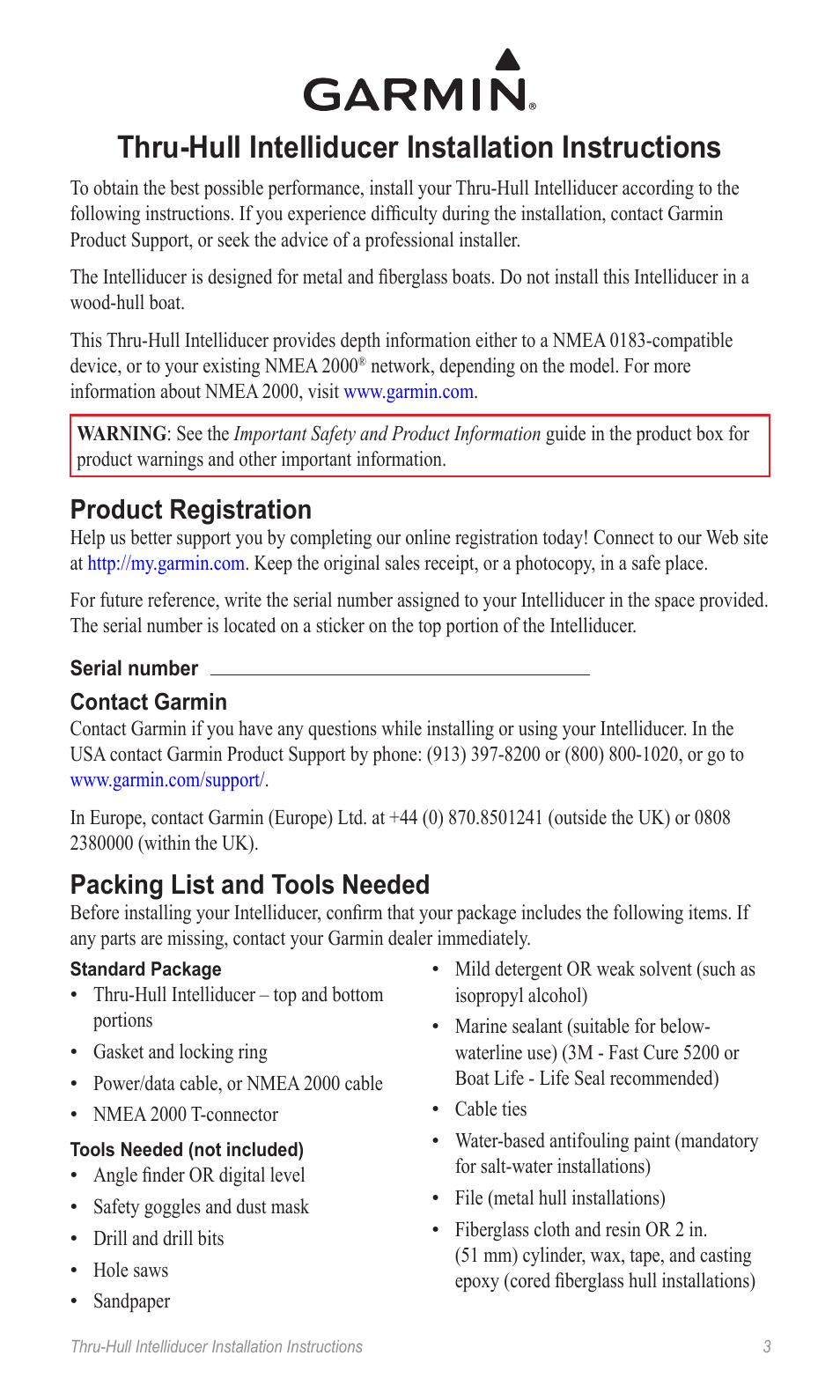 Installation instructions (en), Thru-hull intelliducer installation instructions, Product registration | Packing list and tools needed | Garmin 190-00888-10 User Manual | Page 3 / 76