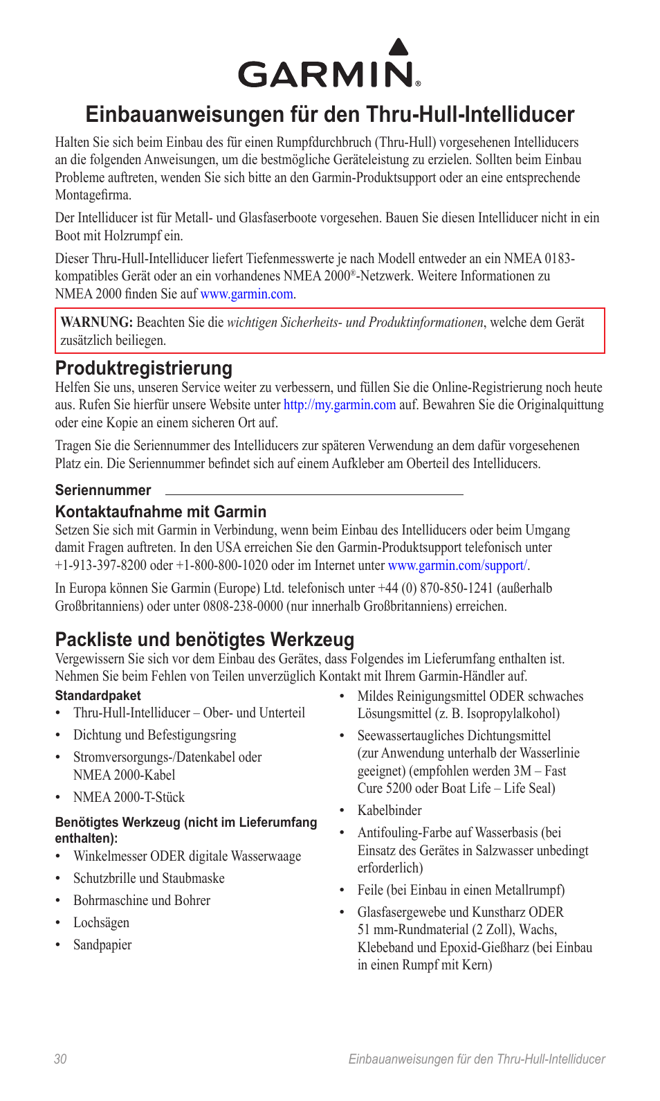 Installationsanweisungen (de), Einbauanweisungen für den thru-hull-intelliducer, Produktregistrierung | Packliste und benötigtes werkzeug | Garmin 190-00888-10 User Manual | Page 30 / 76