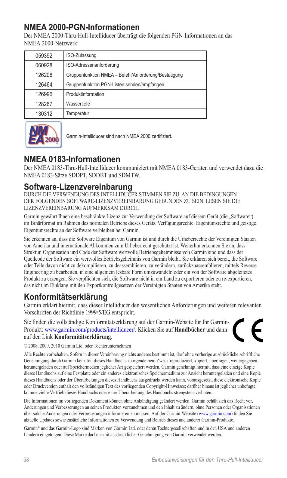 Nmea 2000-pgn-informationen, Nmea 0183-informationen, Software-lizenzvereinbarung | Konformitätserklärung | Garmin 190-00888-10 User Manual | Page 38 / 76