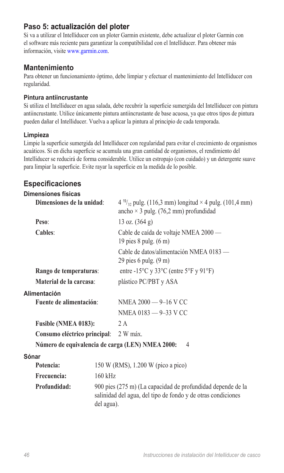 Paso 5: actualización del ploter, Mantenimiento, Especificaciones | Garmin 190-00888-10 User Manual | Page 46 / 76