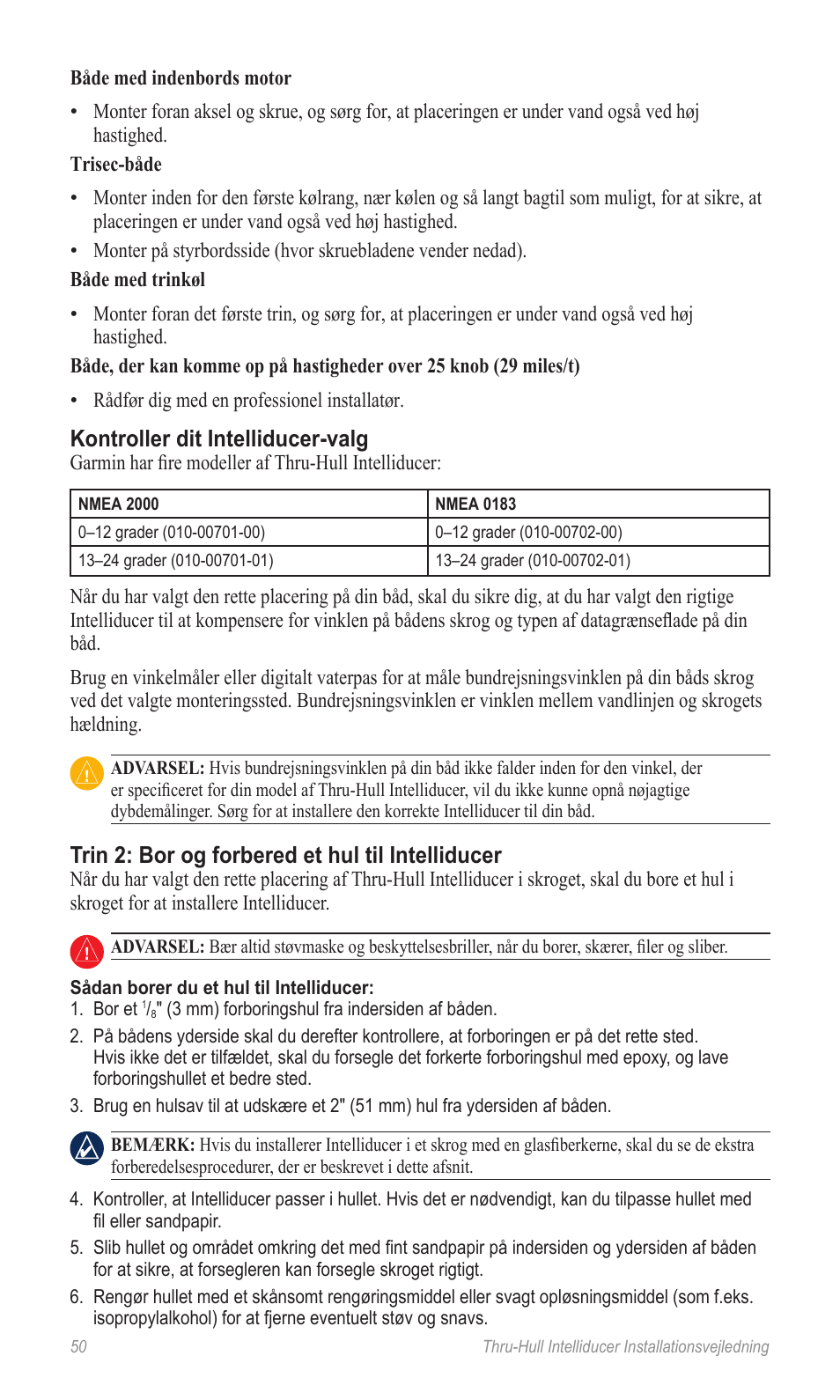 Kontroller dit intelliducer-valg, Trin 2: bor og forbered et hul til intelliducer | Garmin 190-00888-10 User Manual | Page 50 / 76