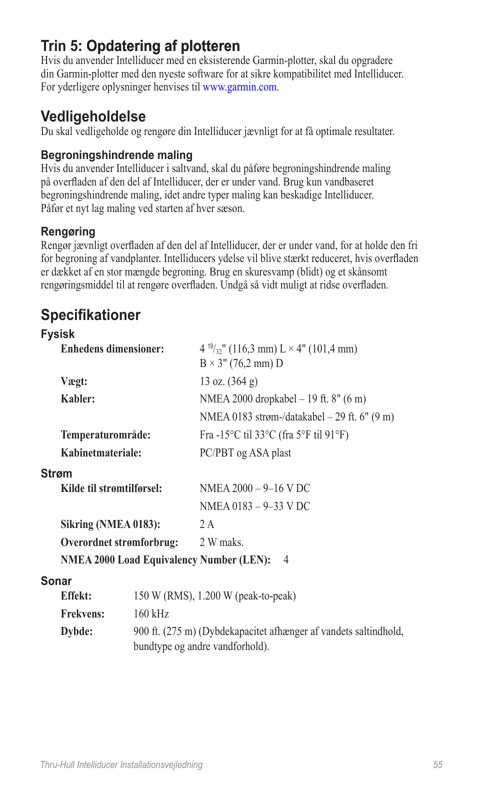 Vedligeholdelse, Specifikationer | Garmin 190-00888-10 User Manual | Page 55 / 76