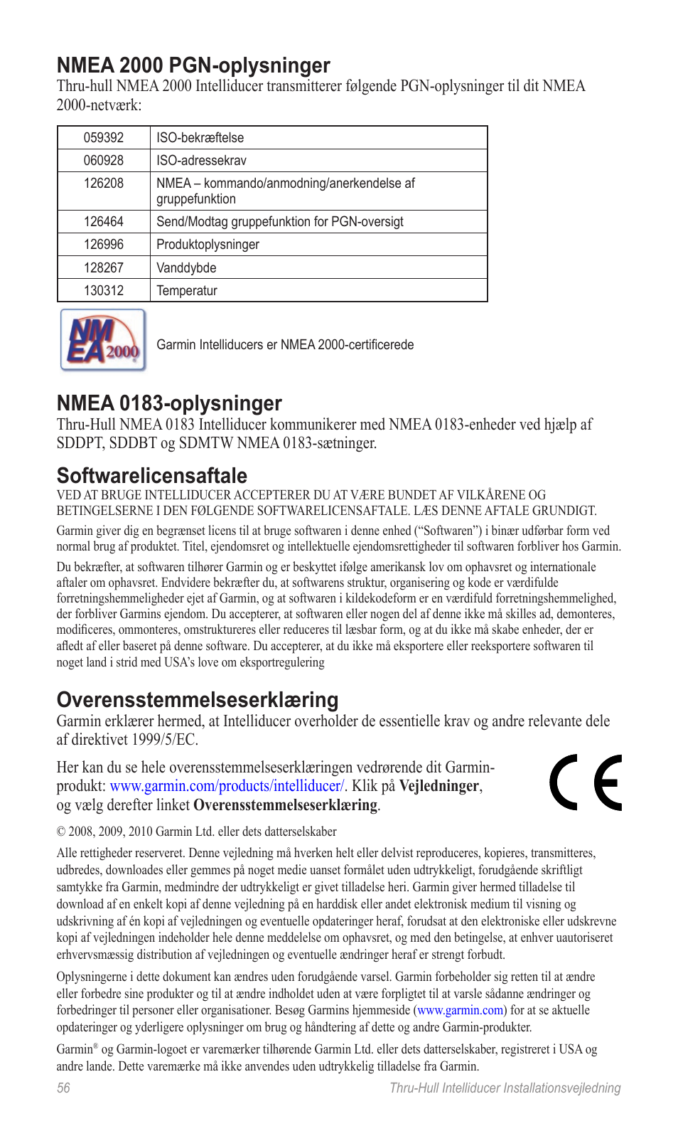 Nmea 2000 pgn-oplysninger, Nmea 0183-oplysninger, Softwarelicensaftale | Overensstemmelseserklæring | Garmin 190-00888-10 User Manual | Page 56 / 76