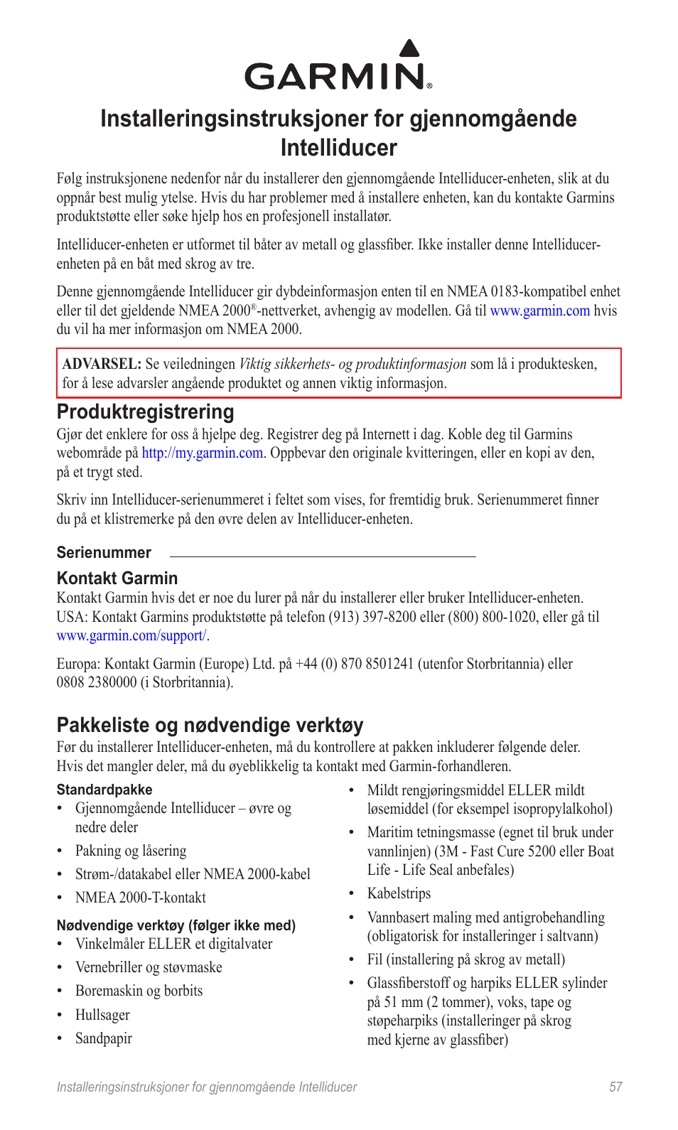 Installeringsinstruksjoner (no), Produktregistrering, Pakkeliste og nødvendige verktøy | Garmin 190-00888-10 User Manual | Page 57 / 76