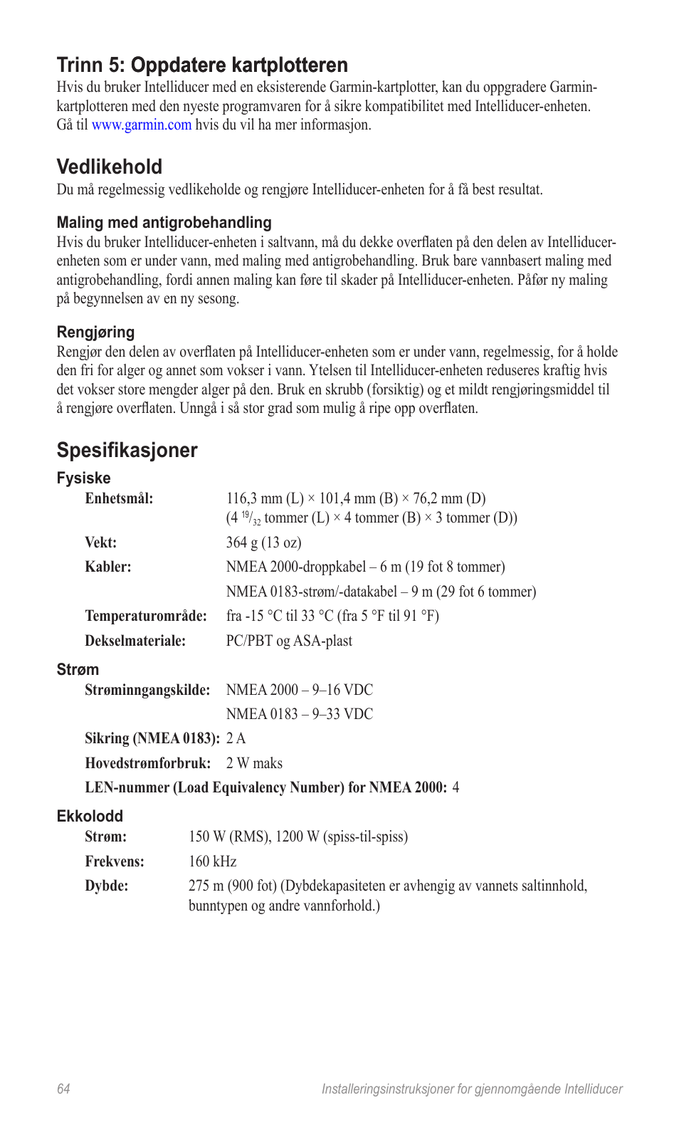 Vedlikehold, Spesifikas�oner | Garmin 190-00888-10 User Manual | Page 64 / 76