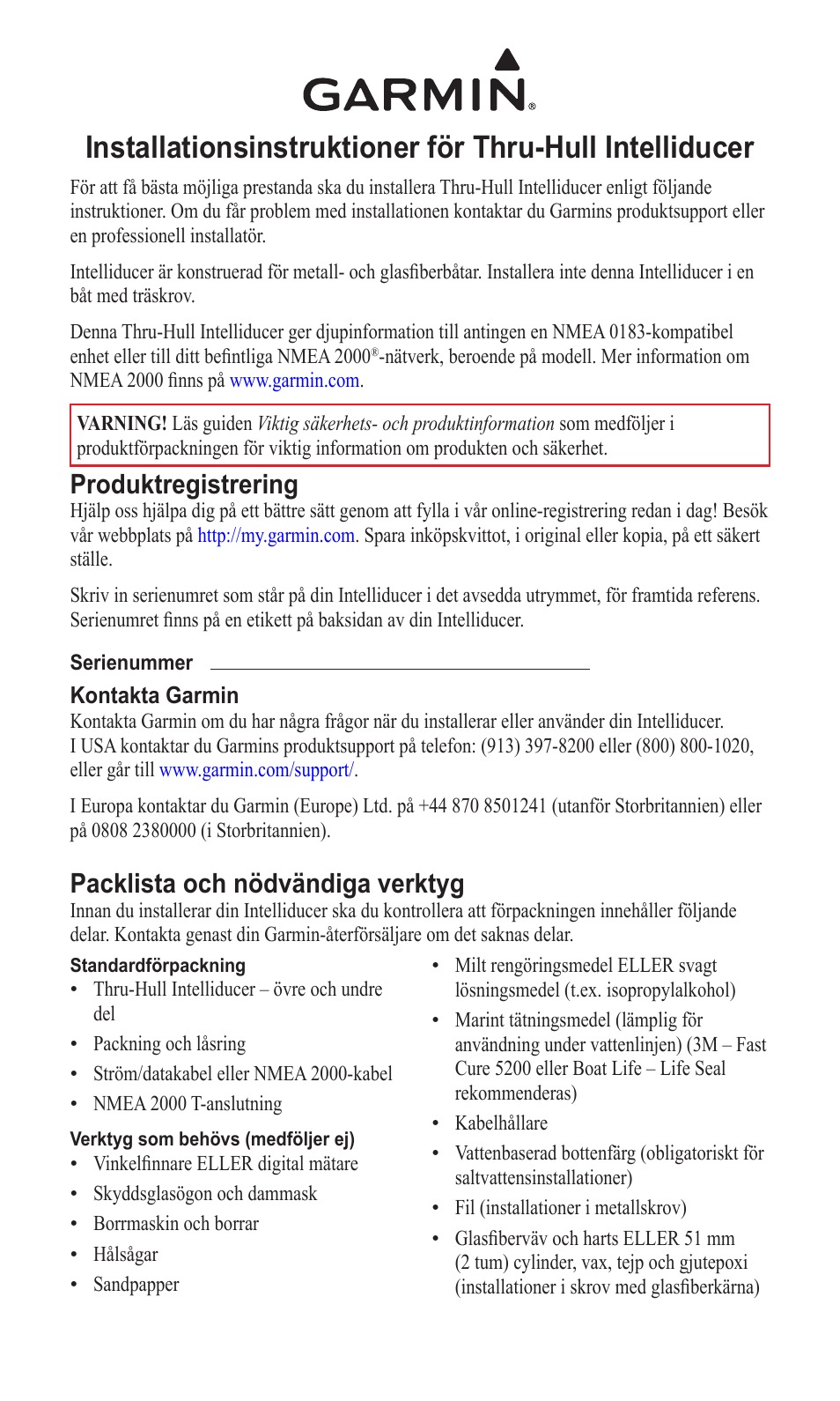 Installationsinstruktioner (sv), Produktregistrering, Packlista och nödvändiga verktyg | Garmin 190-00888-10 User Manual | Page 66 / 76