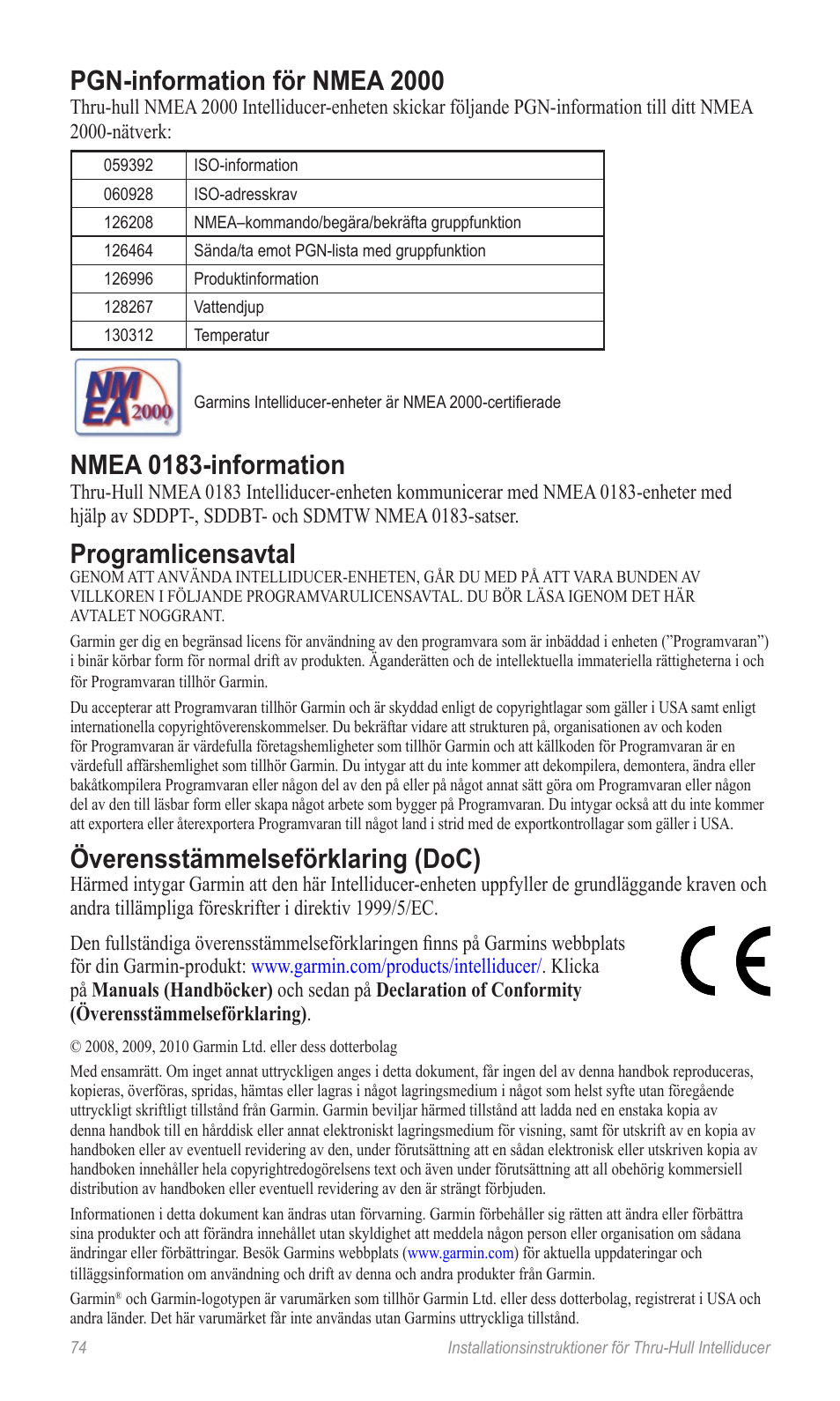 Pgn-information för nmea 2000, Nmea 0183-information, Programlicensavtal | Överensstämmelseförklaring (doc) | Garmin 190-00888-10 User Manual | Page 74 / 76