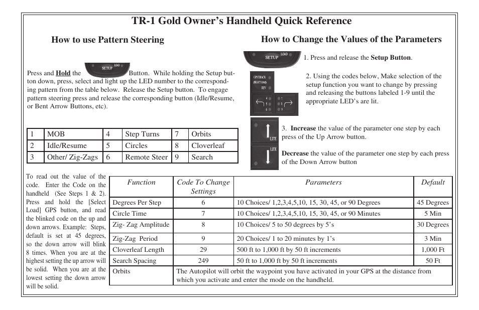 Tr-1 gold owner’s handheld quick reference, How to change the values of the parameters, How to use pattern steering | Garmin TR-1 Gold User Manual | Page 2 / 2