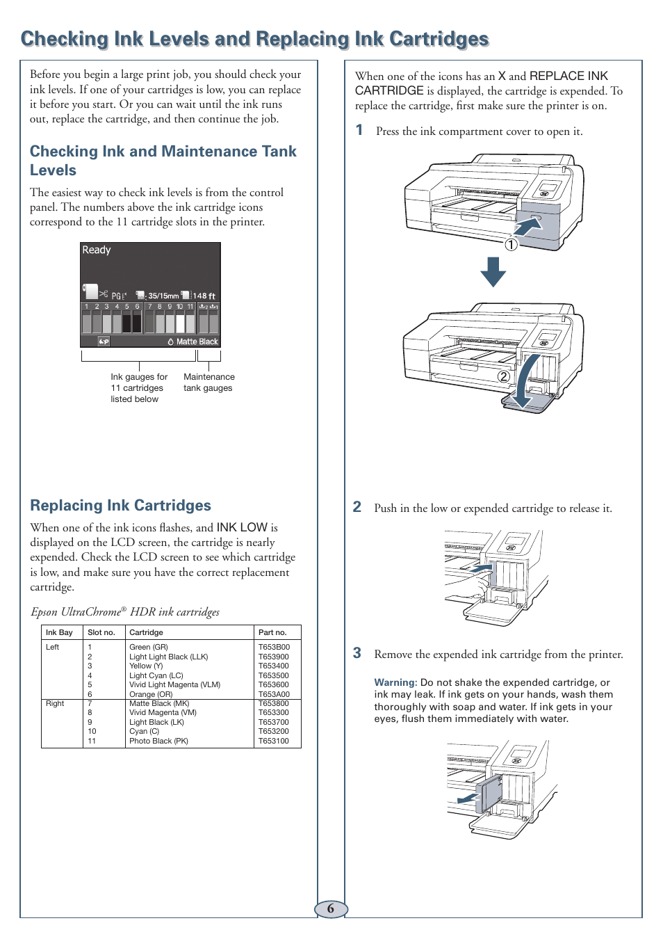 Checking ink levels and replacing ink cartridges, Checking ink and maintenance tank levels, Replacing ink cartridges | Garmin STYLUS PRO PRO 4900 User Manual | Page 7 / 13