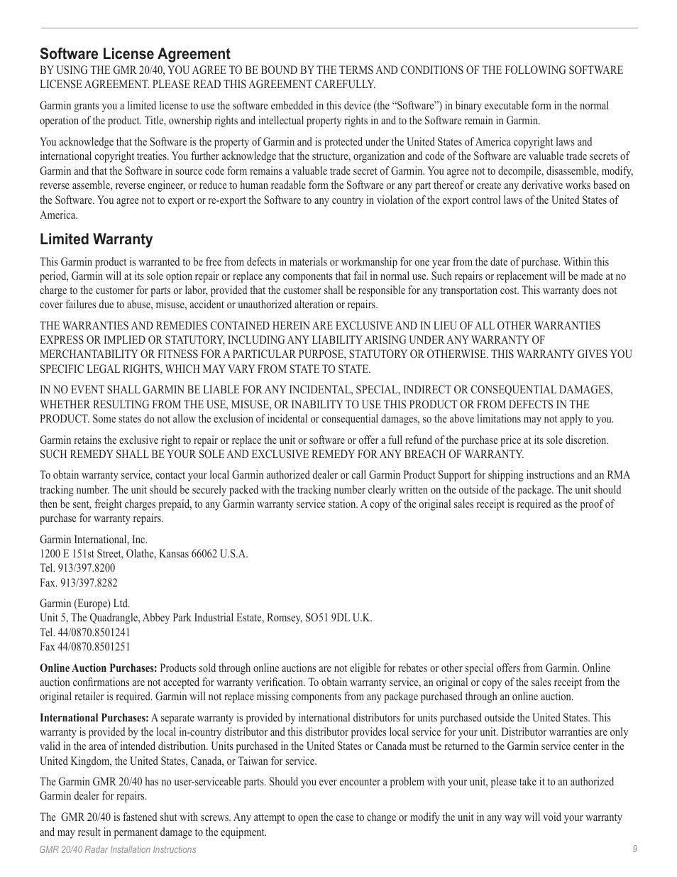 Software license agreement, Limited warranty | Garmin GMR 20/40 User Manual | Page 11 / 14