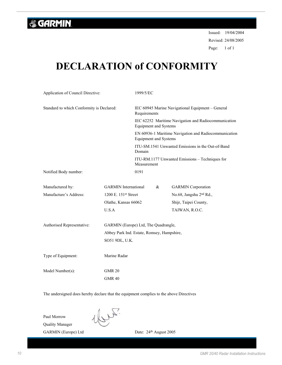 Declaration of conformity | Garmin GMR 20/40 User Manual | Page 12 / 14