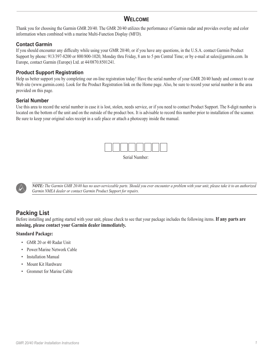 Packing list | Garmin GMR 20/40 User Manual | Page 3 / 14