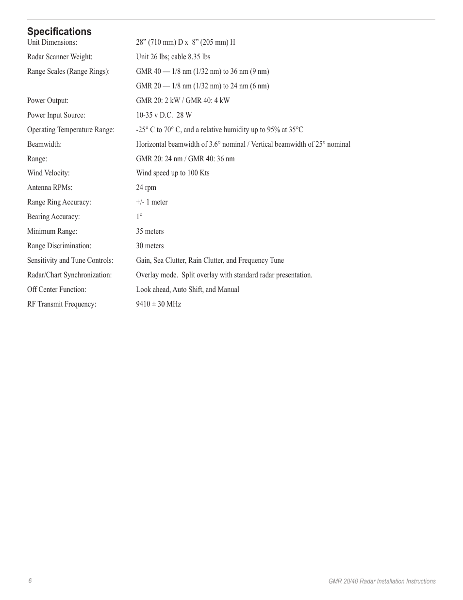 Speciﬁcations | Garmin GMR 20/40 User Manual | Page 8 / 14