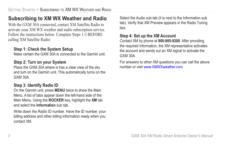 Subscribing to xm wx weather and radio | Garmin GXM 30A User Manual | Page 10 / 48