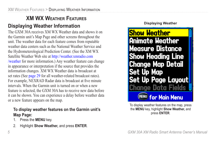 Xm wx weather features, Displaying weather information, Xm wx w | Garmin GXM 30A User Manual | Page 12 / 48