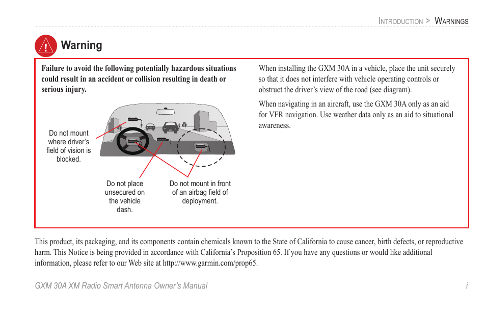 Warning | Garmin GXM 30A User Manual | Page 3 / 48