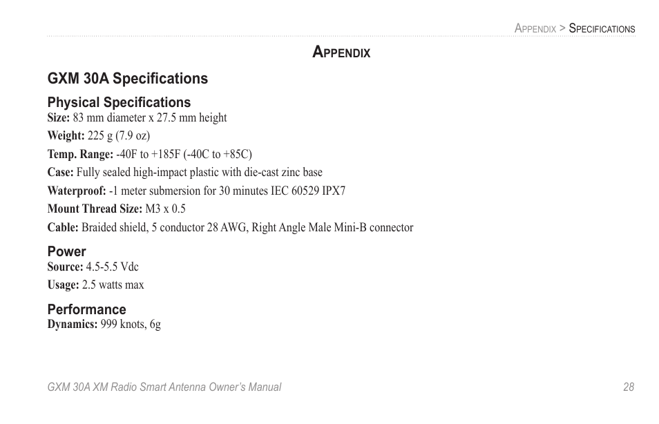 Appendix, Gxm 30a specifications | Garmin GXM 30A User Manual | Page 35 / 48