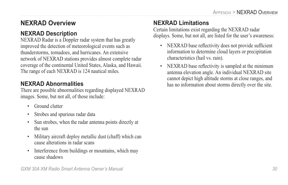 Nexrad overview | Garmin GXM 30A User Manual | Page 37 / 48