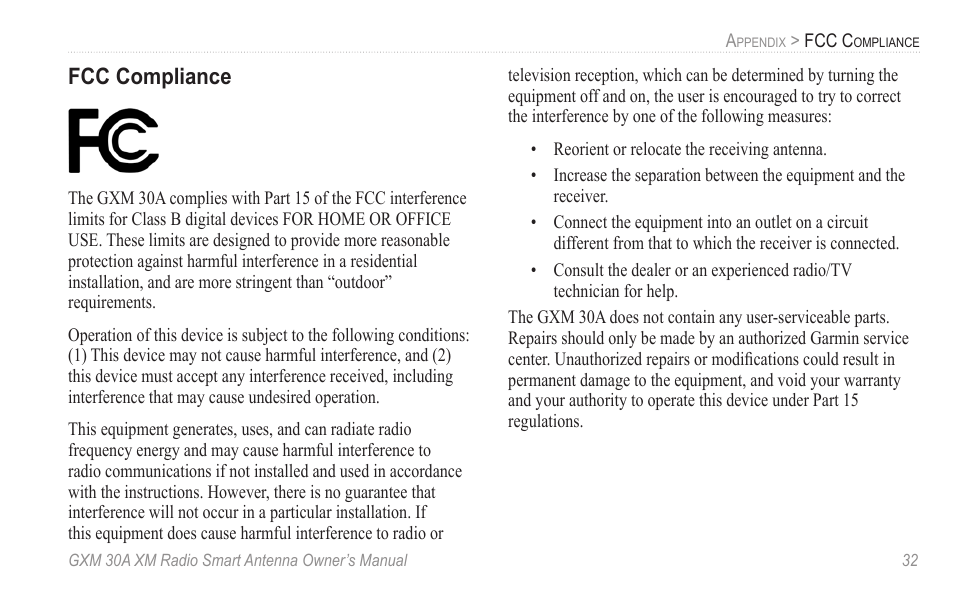 Fcc compliance | Garmin GXM 30A User Manual | Page 39 / 48