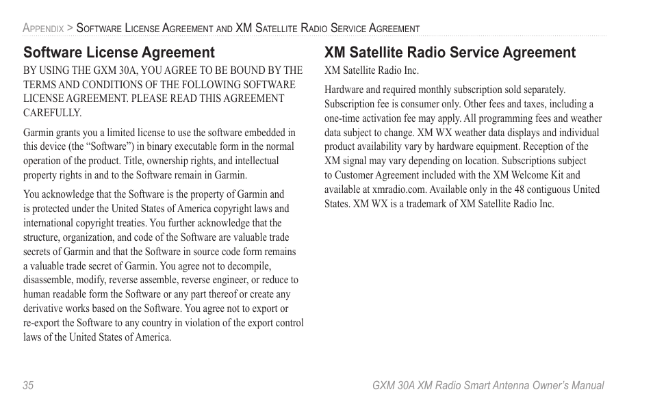 Software license agreement, Xm satellite radio service agreement | Garmin GXM 30A User Manual | Page 42 / 48