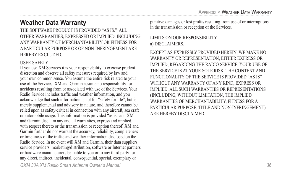 Weather data warranty | Garmin GXM 30A User Manual | Page 43 / 48