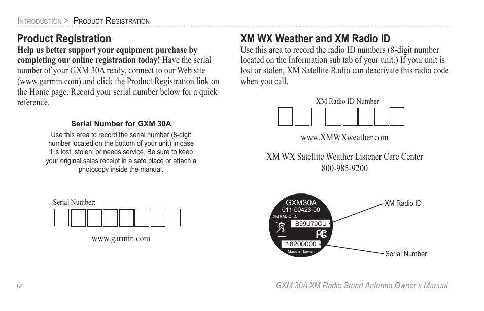 Product registration, Xm wx weather and xm radio id | Garmin GXM 30A User Manual | Page 6 / 48