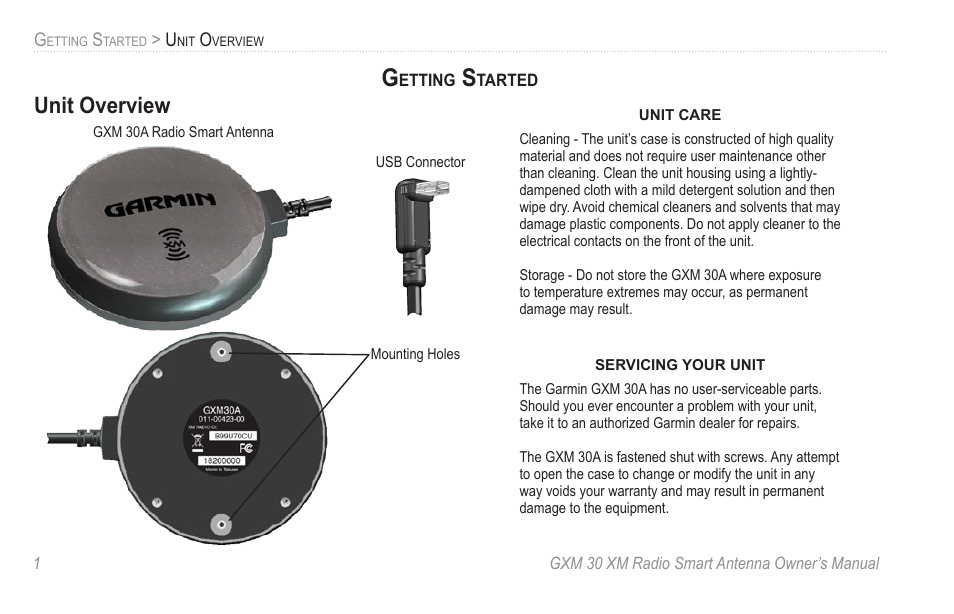 Getting started, Unit overview | Garmin GXM 30A User Manual | Page 8 / 48