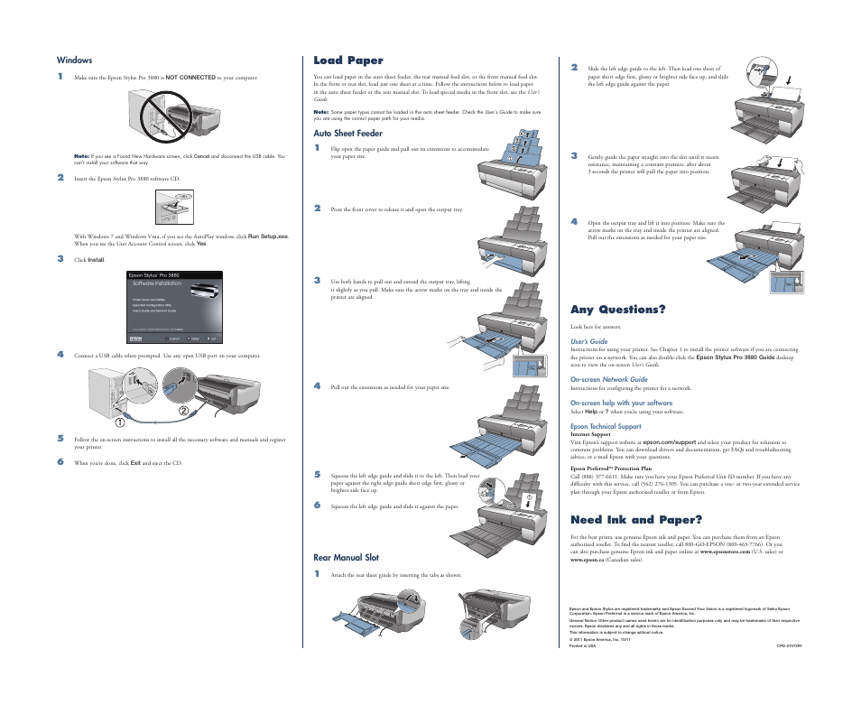 Load paper, Any questions, Need ink and paper | Garmin STYLUS PRO 3880 User Manual | Page 2 / 2