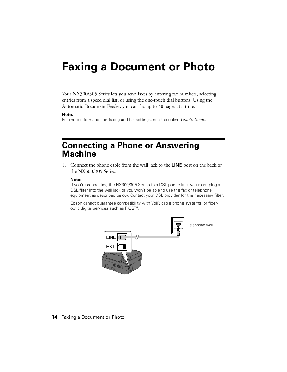 Faxing a document or photo, Connecting a phone or answering machine | Garmin STYLUS NX300 User Manual | Page 14 / 56