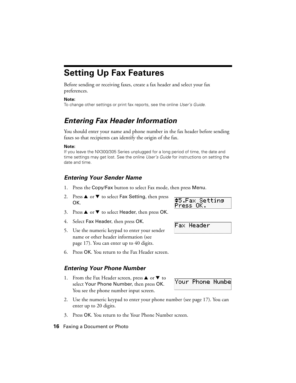 Setting up fax features, Entering fax header information | Garmin STYLUS NX300 User Manual | Page 16 / 56