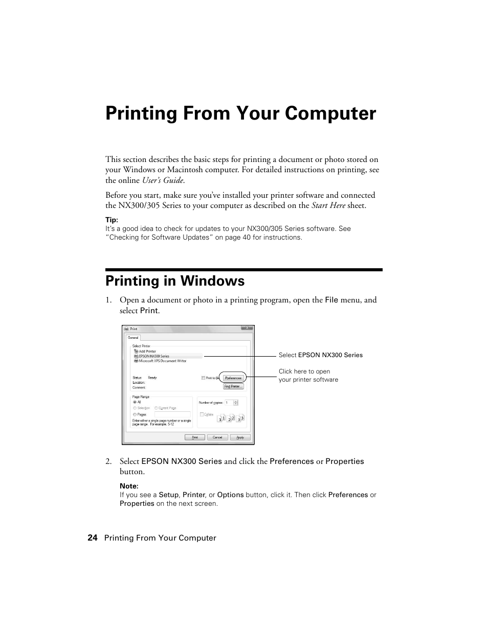 Printing from your computer, Printing in windows | Garmin STYLUS NX300 User Manual | Page 24 / 56