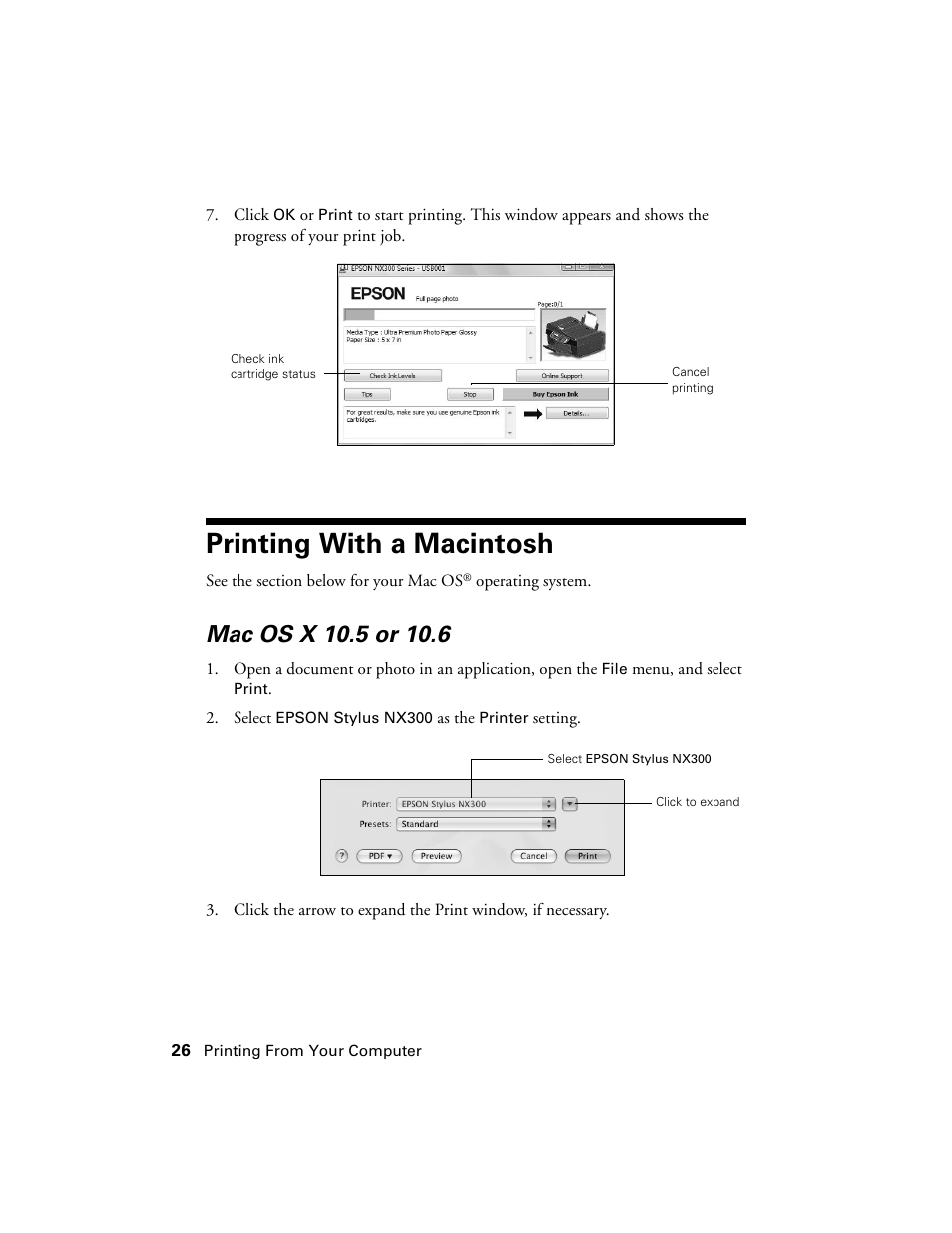 Printing with a macintosh, Mac os x 10.5 or 10.6 | Garmin STYLUS NX300 User Manual | Page 26 / 56