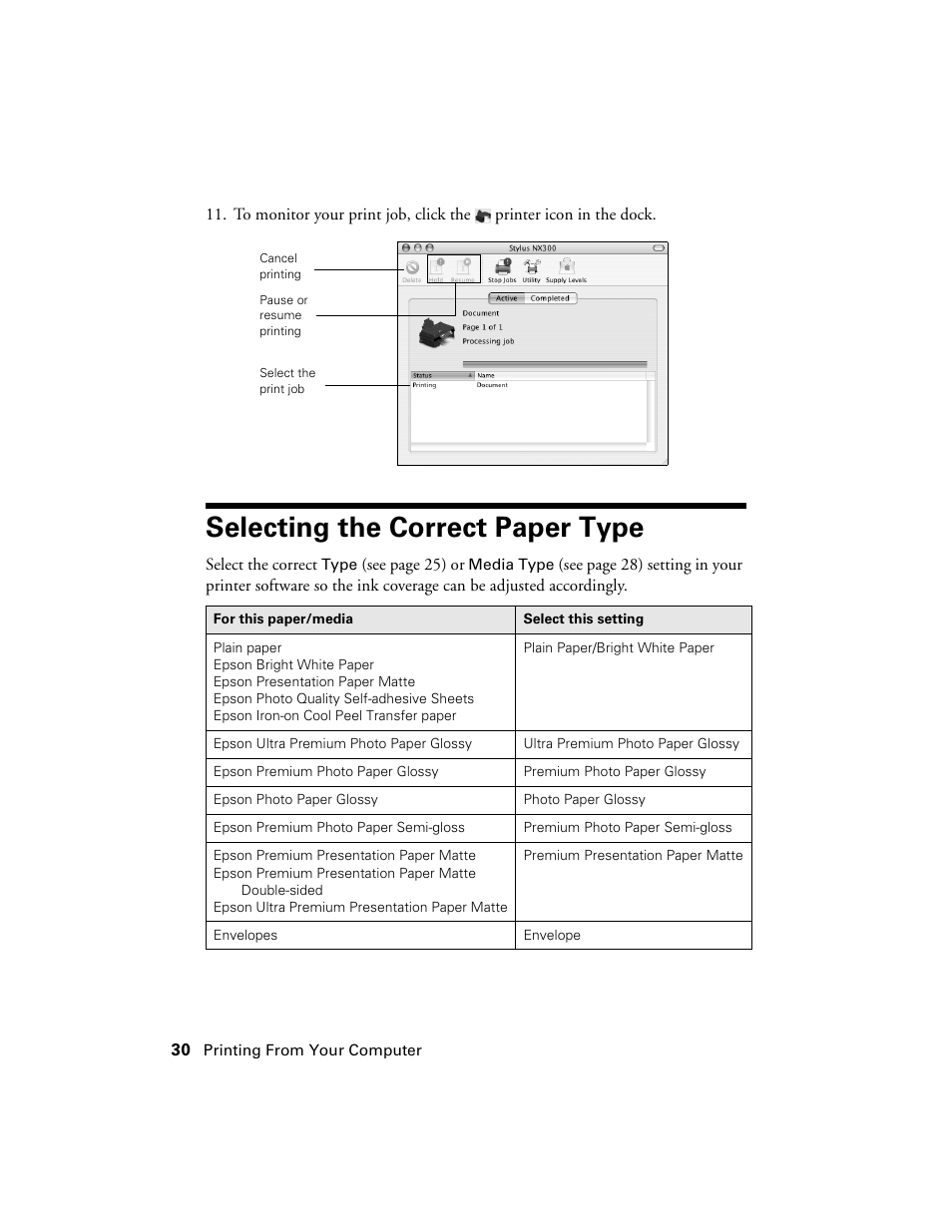 Selecting the correct paper type | Garmin STYLUS NX300 User Manual | Page 30 / 56