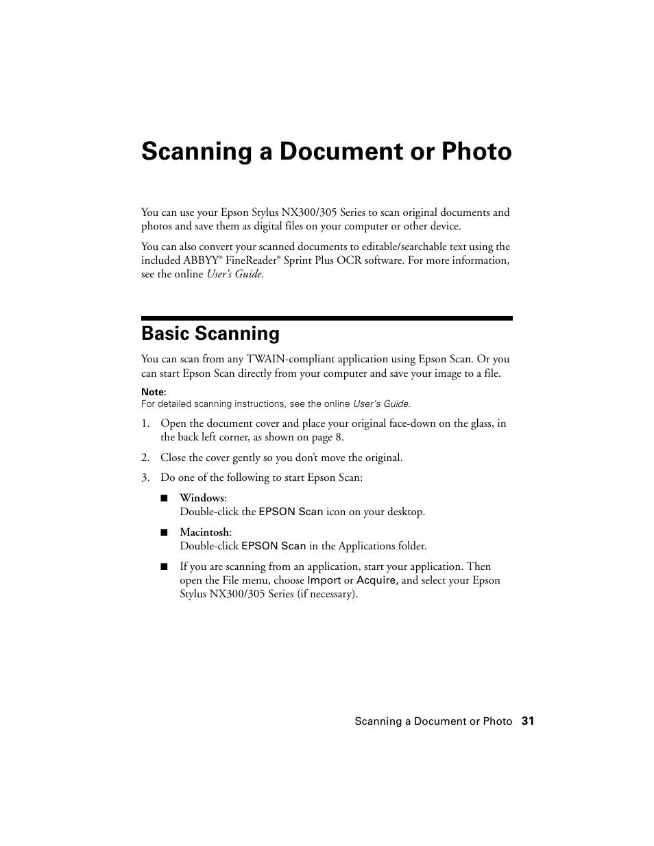 Scanning a document or photo, Basic scanning | Garmin STYLUS NX300 User Manual | Page 31 / 56