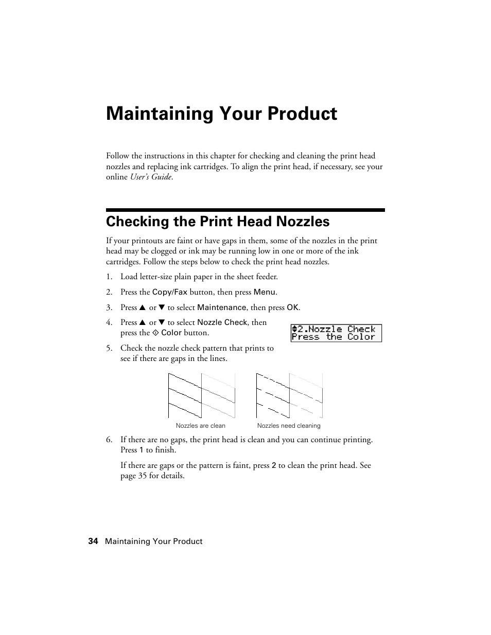 Maintaining your product, Checking the print head nozzles | Garmin STYLUS NX300 User Manual | Page 34 / 56