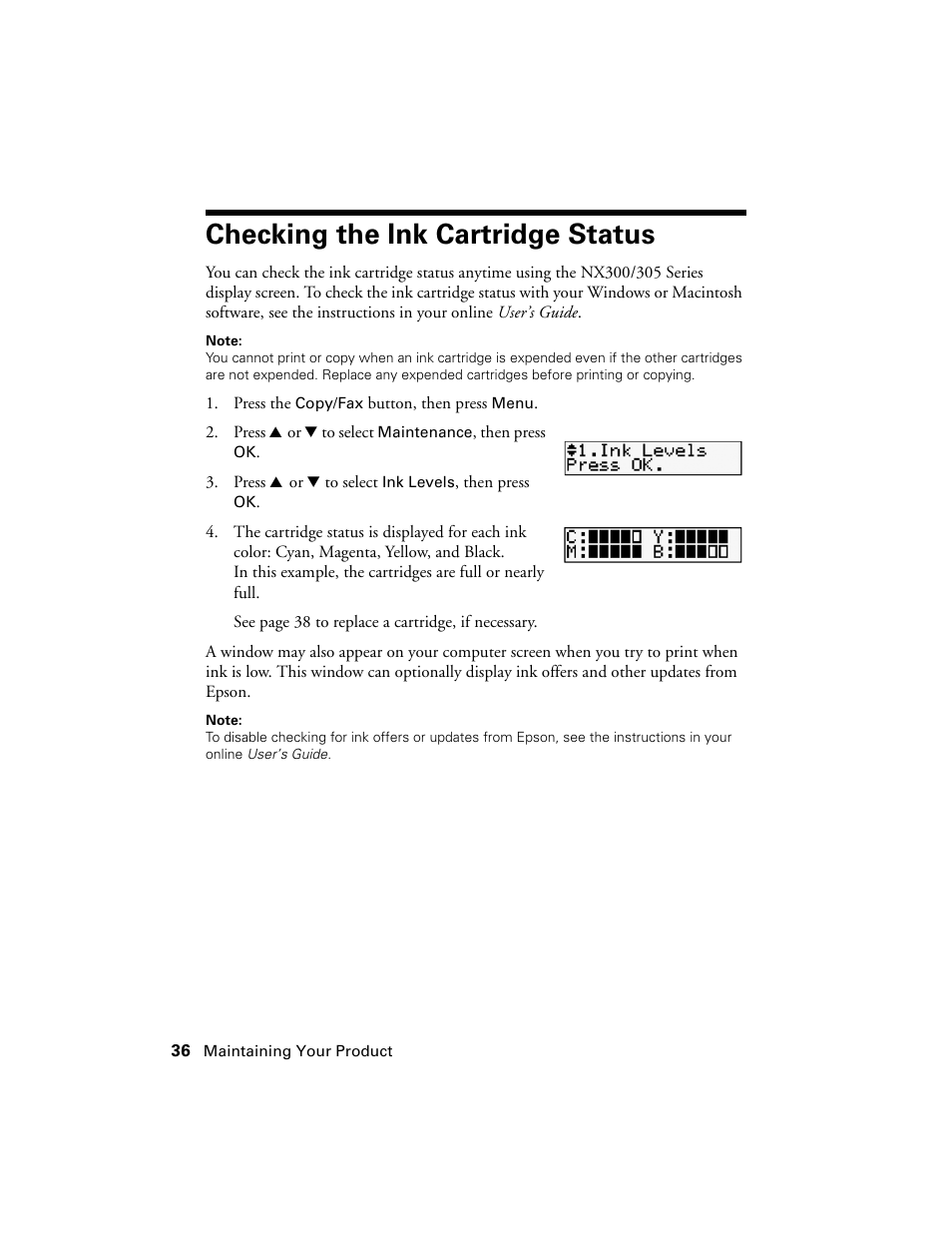 Checking the ink cartridge status | Garmin STYLUS NX300 User Manual | Page 36 / 56