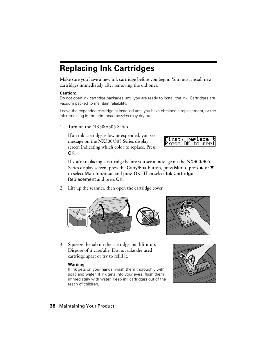 Replacing ink cartridges | Garmin STYLUS NX300 User Manual | Page 38 / 56