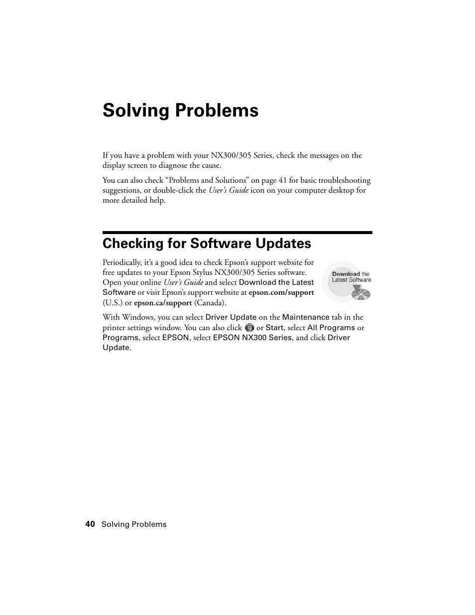 Solving problems, Checking for software updates | Garmin STYLUS NX300 User Manual | Page 40 / 56