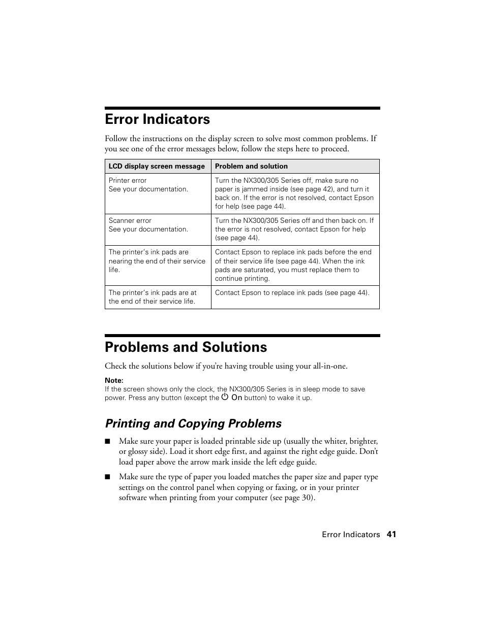 Error indicators, Problems and solutions, Printing and copying problems | Error indicators problems and solutions | Garmin STYLUS NX300 User Manual | Page 41 / 56