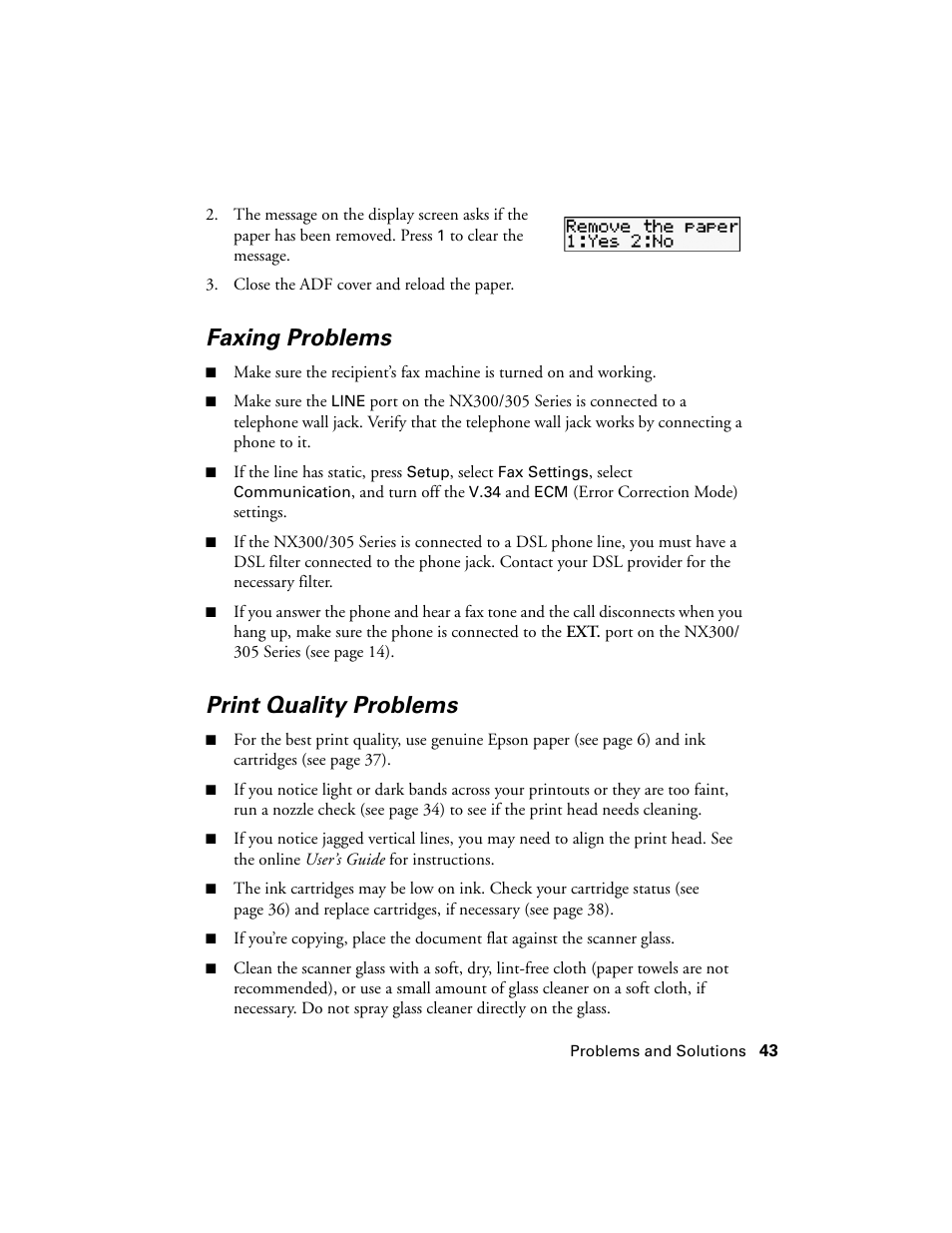 Faxing problems, Print quality problems | Garmin STYLUS NX300 User Manual | Page 43 / 56