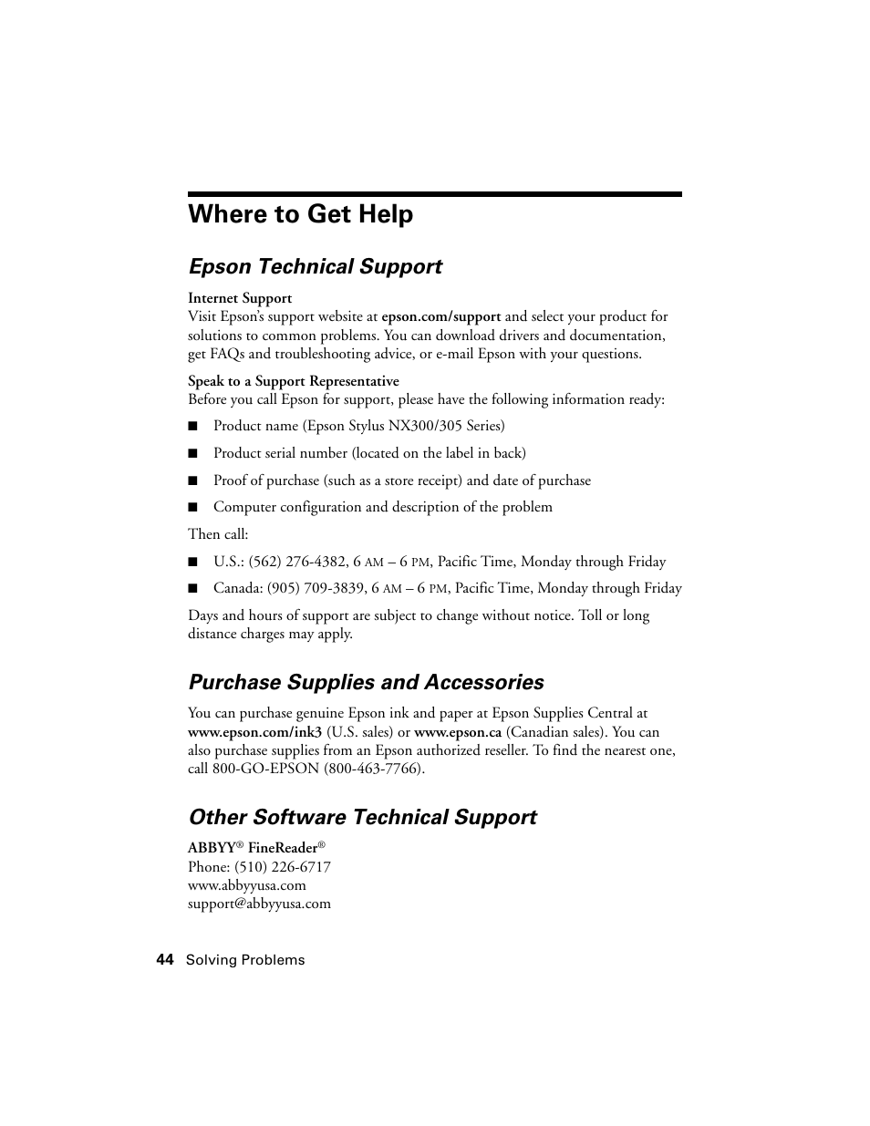 Where to get help, Epson technical support, Purchase supplies and accessories | Other software technical support | Garmin STYLUS NX300 User Manual | Page 44 / 56