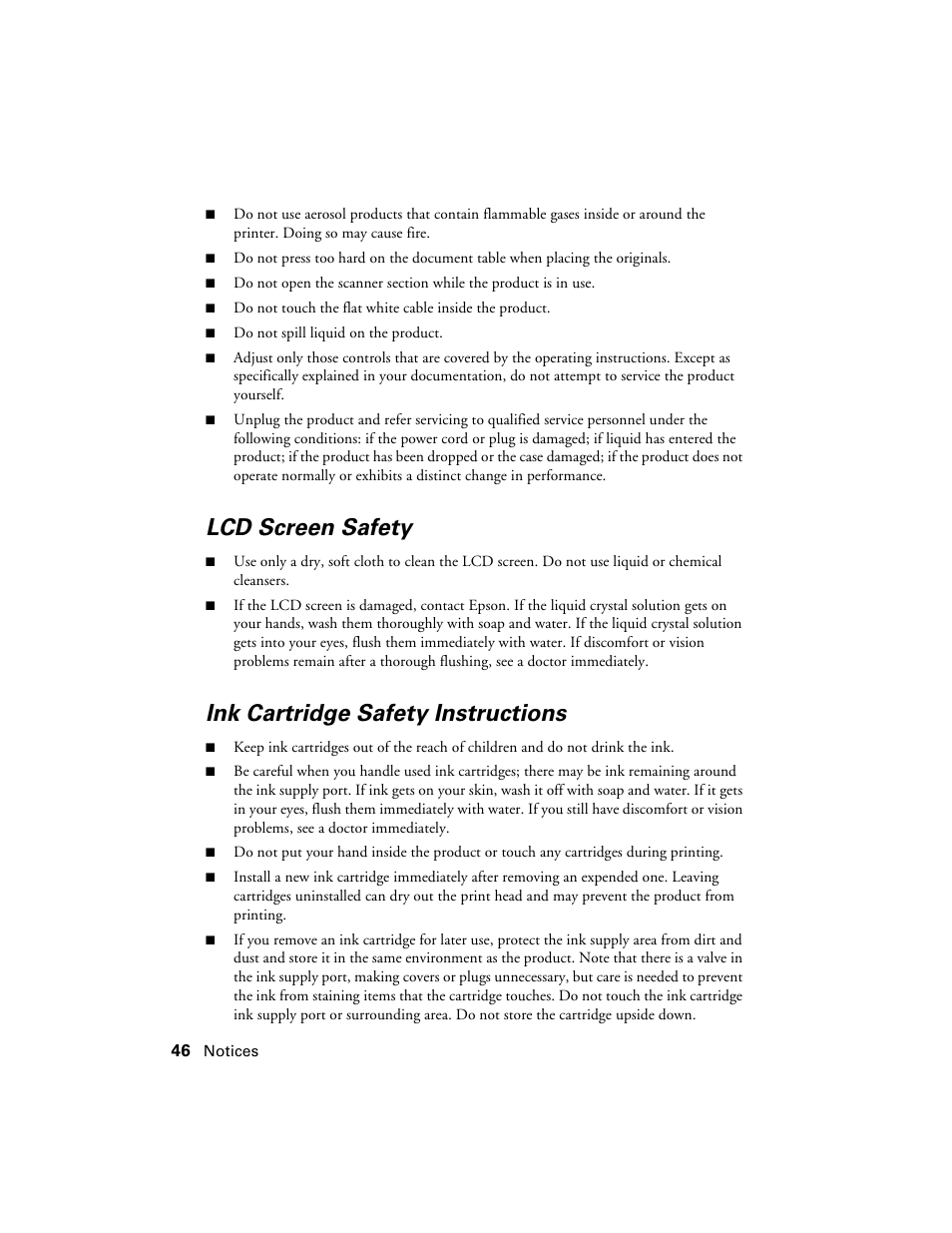 Lcd screen safety, Ink cartridge safety instructions | Garmin STYLUS NX300 User Manual | Page 46 / 56