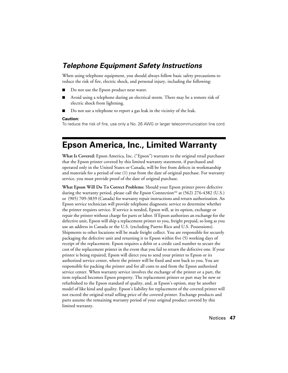 Telephone equipment safety instructions, Epson america, inc., limited warranty, Warranty | Garmin STYLUS NX300 User Manual | Page 47 / 56