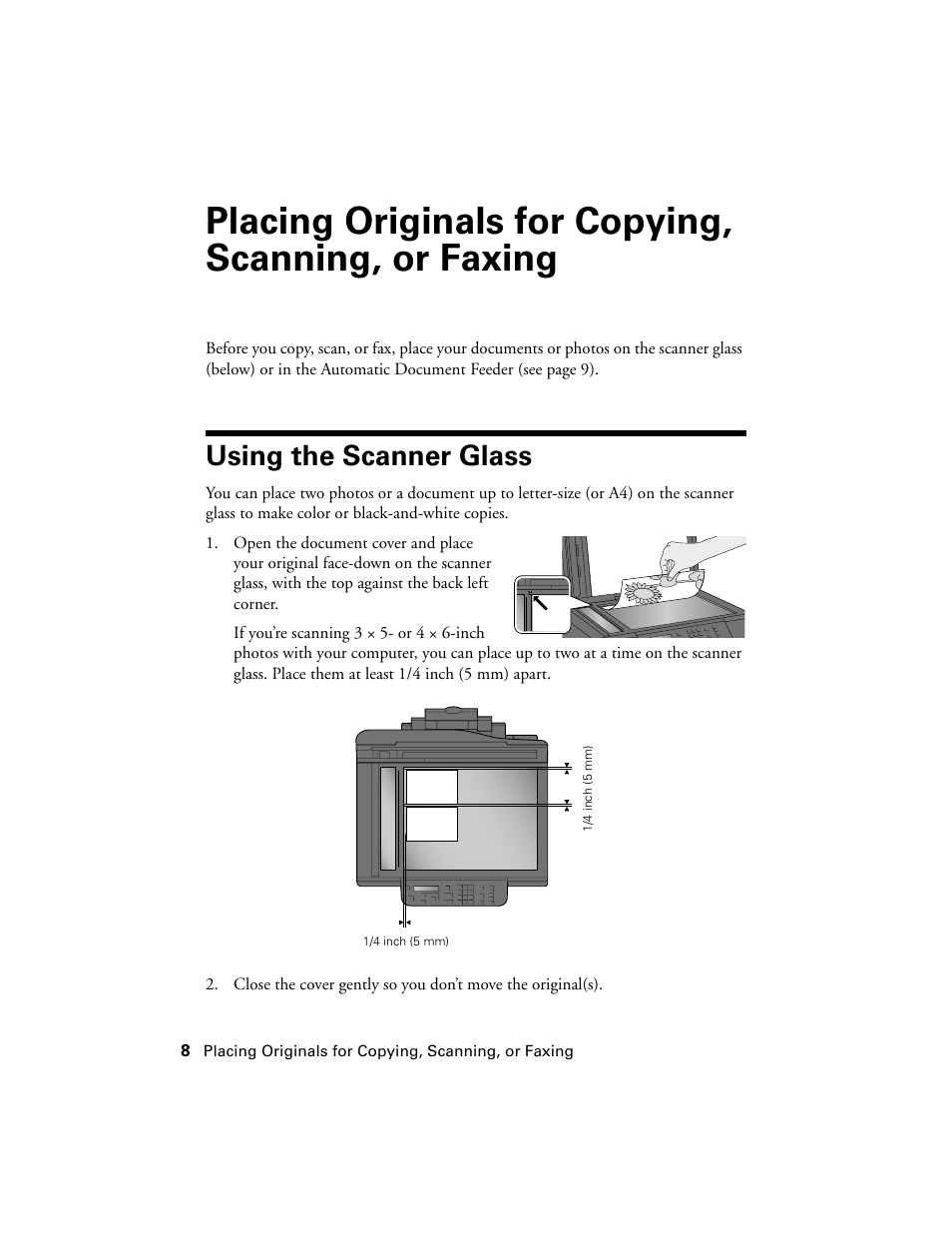 Placing originals for copying, scanning, or faxing, Using the scanner glass | Garmin STYLUS NX300 User Manual | Page 8 / 56