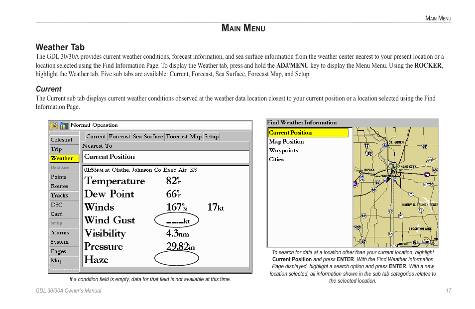 Main menu, Weather tab, Current | Garmin GDL 30 User Manual | Page 21 / 34