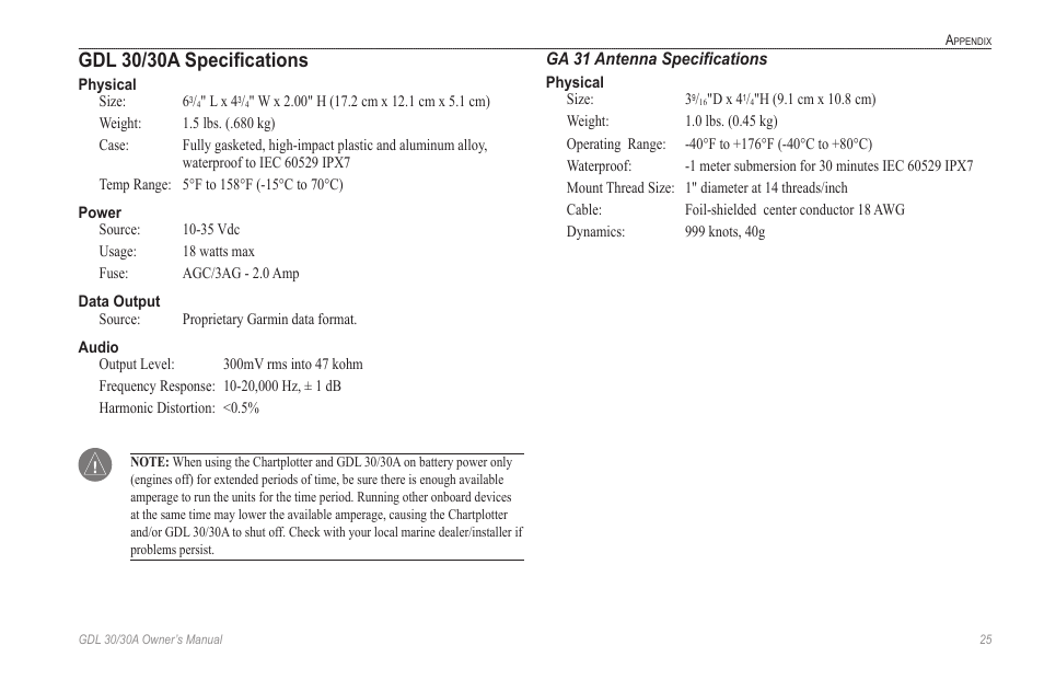 Gdl 30/30a specifications, Ga 31 antenna specifications | Garmin GDL 30 User Manual | Page 29 / 34